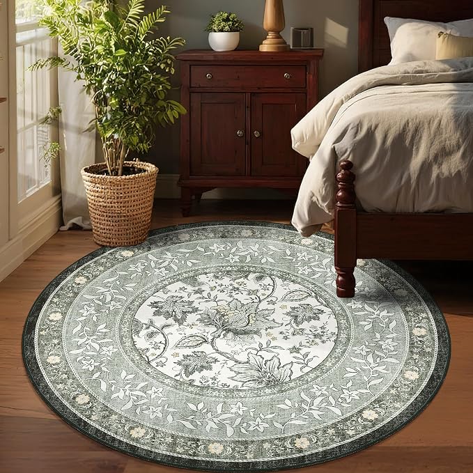 GarveeHome Provence Fog Gray Botanical Grove 6ft Round Rug, Small Circle Vintage Cottagecore Soft Low-Pile Non-Slip Washable Rugs for Living Room Bedroom Nursery Kitchen Retro Carpet