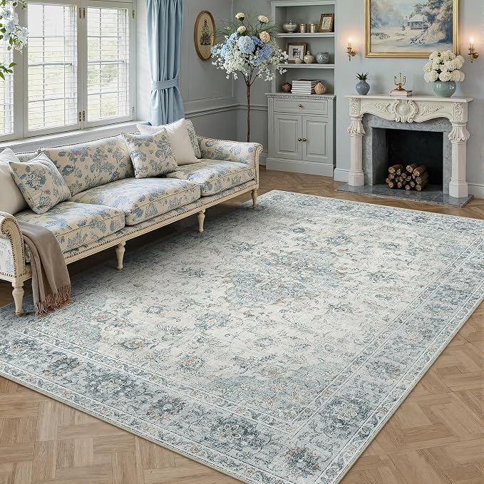 HUGEAR Area Rug 9x12 Machine Washable Living Room Rugs Light Blue Distressed Vintage Floral Low Pile Carpet Bedroom Office Dining Room Laundry Room Non Slip Soft Lightweight