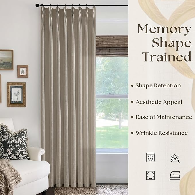 102 Inch Long Curtains Pinch Pleat Flax Linen Curtains Living Room Bedroom Taupe Light Filtering Privacy Neutral 102 In Pleated Drapes Hooks Rings Back Tab Grey Beige for Window Sliding Door 1 Panel