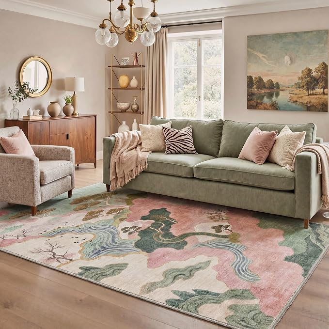 BEIMO Area Rugs 6x9 for Living Room Bedroom, Modern Abstract Machine Washable Rug, Large Soft Low Pile Floor Carpet with Non Slip Backing for Dining Room, Sage Pink