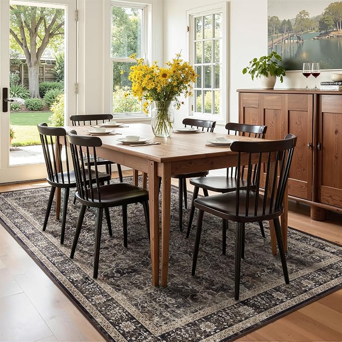 Black Brown 5x8 Washable Area Rugs, Low Pile Thin Lving Room Bedroom Rug Non Slip, Mid-Century Modern Print Carpet Rugs for Dining Room Home Office Vintage Classic Earthy Color