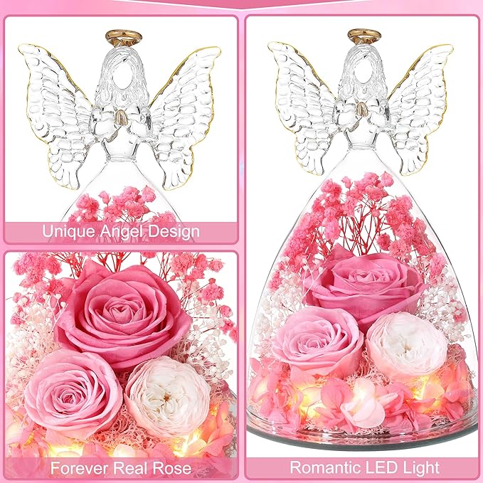 Mothers Day Rose Gifts for Women Preserved Real Flower in Glass Angel Figurines Roses for Delivery Prime Birthday Gifts for Mom Grandma Girlfriend Wife Her,Pink Austin Roses