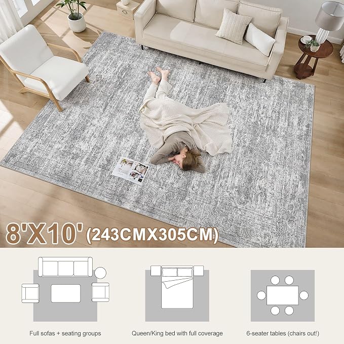 DMOYEST Area Rug Living Room Rugs - 8x10 Abstract Large Soft Indoor Washable Rug Neutral Modern Low Pile Carpet for Bedroom Dining Room Farmhouse Home Office - Vintage Grey