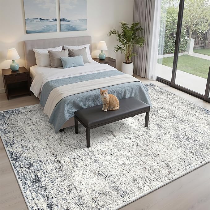 Soalmost 5x7 Area Rugs Blue Ivory Low Pile Indoor Washable Trendy Faded Style Rugs for Bedroom Living Room Dining Room Foldable Non-Slip Thin Print Mat
