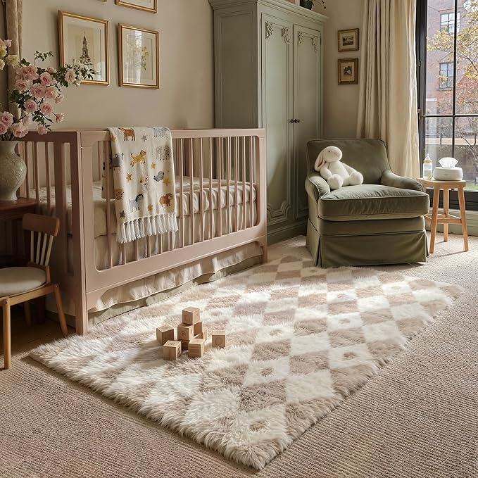 PureCozy Checkered Rug 4x6 Fluffy Shag Living Room Beige Area Rug Modern Washable Carpet Soft Shaggy Non Slip Indoor Plush Fuzzy Rugs for Bedroom Dorm Office Home Aesthetic Decor