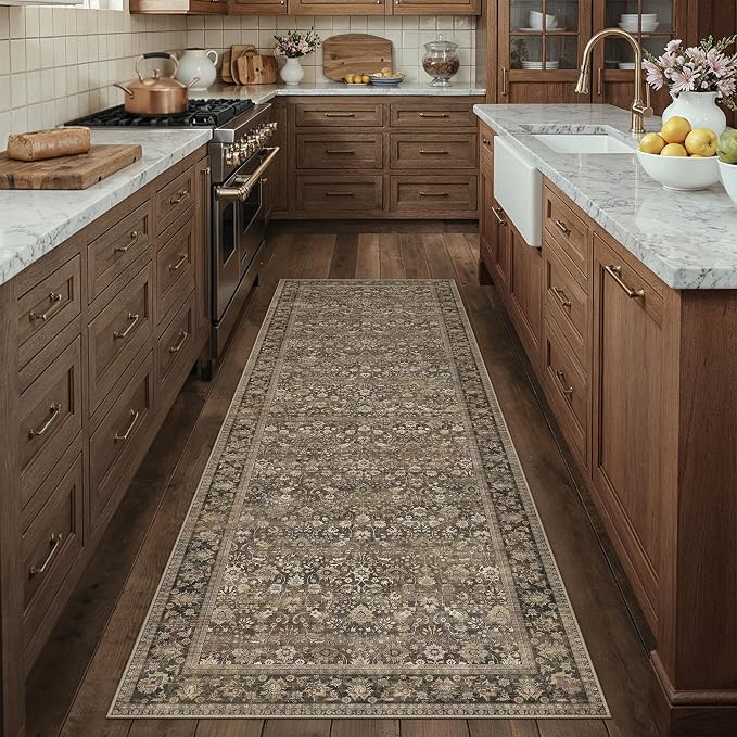 HUGEAR 3x12 Runner Rug Machine Washable Brown Hallway Area Rug Indoor Accent Rug Floral Low Pile Carpet Soft Throw Rug Bedroom Living Room Office Dining Room Kitchen Laundry Room Non Slip