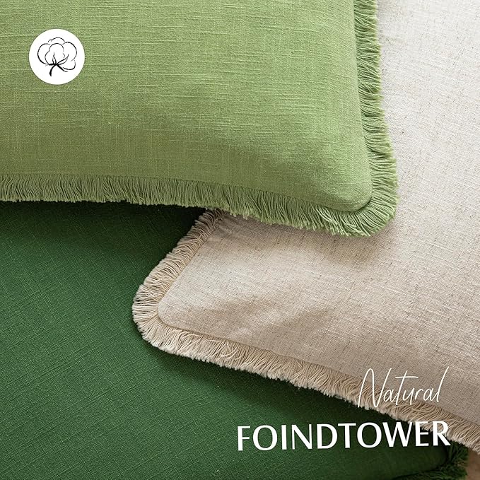 Foindtower Set of 2 Decorative Linen Fringe Throw Pillow Covers Cozy Boho Farmhouse Cushion Cover with Tassels Soft Accent Pillowcase for Couch Sofa Bed Living Room Home Decor,18×18 Inch,Lime Green