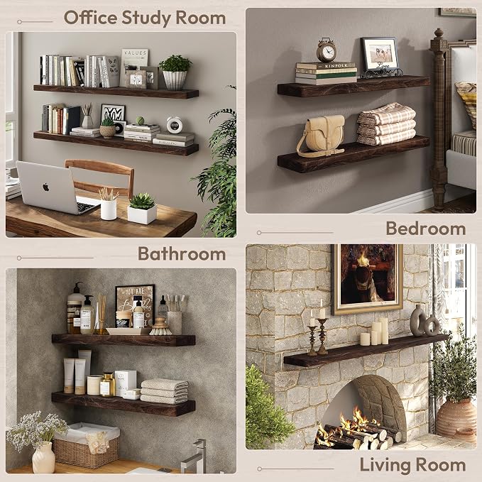 Marsmiles 24 inch Floating Shelves for Wall Solid Elm Wood Shelves|Rustic Wall Mounted Shelves with Heavy-Duty Invisible Bracket for Bathroom Living Room Kitchen|Rounded Edge Design|Walnut, 2 Pack