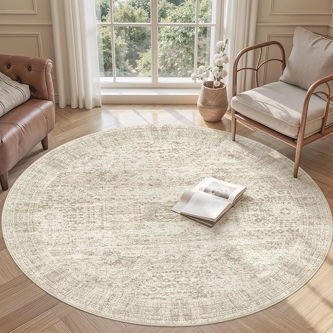 Soalmost 5x5 Beige Round Rug 5ft Living Room Circle Rug Vintage Round Area Rug Non Slip Indoor Carpet for Entryway Dining Room Bedroom