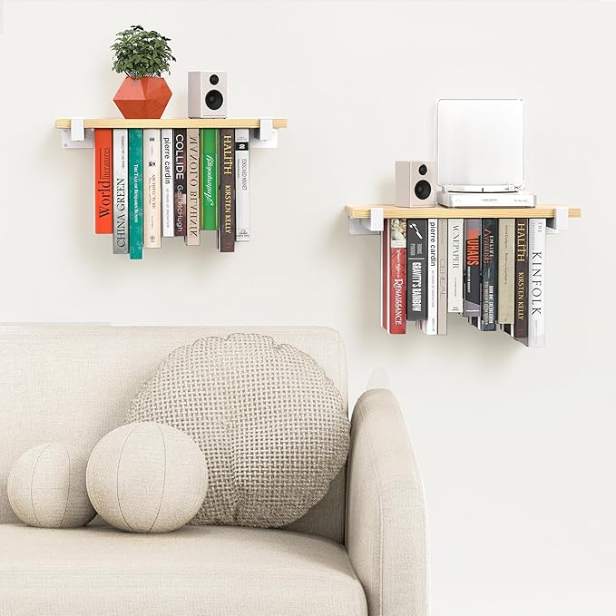NANATI 2 Set of Floating Bookshelf with White Shelf Brackets, Pine Wood Invisible Bookshelf, Hanging Bookshelves for Wall, Unique Space Saving Wall Bookcase, White(16.5L×8.7W×1.5H)