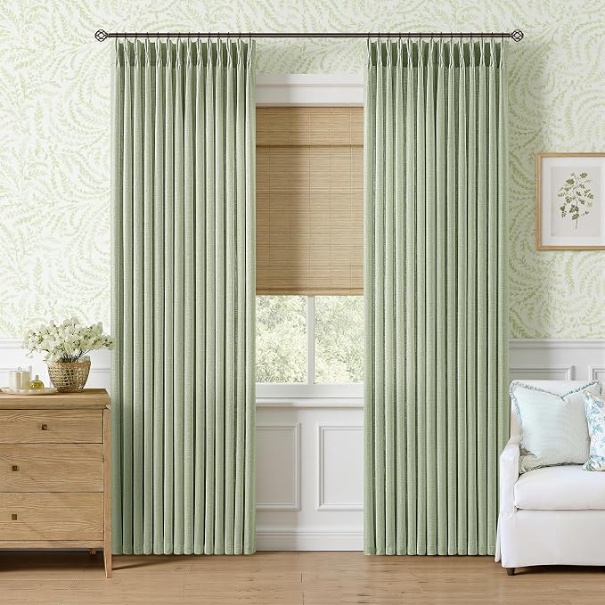 Sage Green Pleated Linen Curtains 84 Inches Length 2 Panels Set Farmhouse Boho Country Semi Sheer Pinch Pleat Drapes with Hooks Rings Aesthetic Decorative Light Green Burlap Spring Curtains Decor