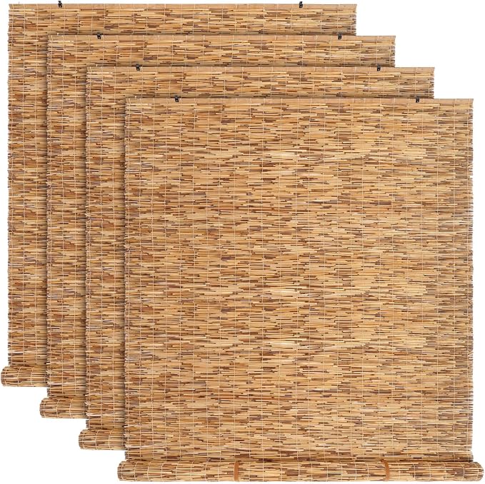 DoubleFill 4 Pcs Bamboo Shades Outdoor Reed Roll Up Blinds 48" W x 72" H Blackout Sunshade Cordless Bamboo Blinds for Home Porch, Patio & Windows Decor Shutters Sunlight Privacy Screen(Carbon Brown)