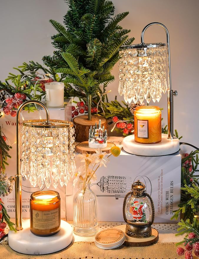 Candle Warmer Lamp with Timer Dimmable, Birthday Gifts for Women, Wax Melt Warmer for House Warming Gifts New Home Decor, Adjustable Height Crystal Candle Lamp for Jar Candles with 3 Bulbs, Silver