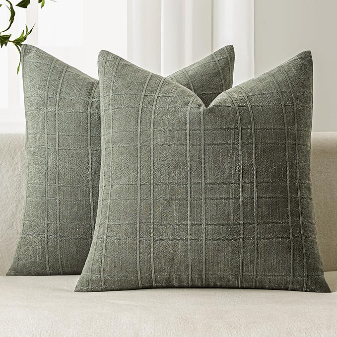 MIULEE Decorative Linen Check Euro Shams Throw Pillow Covers Neutral Farmhouse Vintage Spring Pillow Covers 26x26 Set of 2 Boho Modern Home Decor for Sofa Couch Bedroom Cushion Olive Green