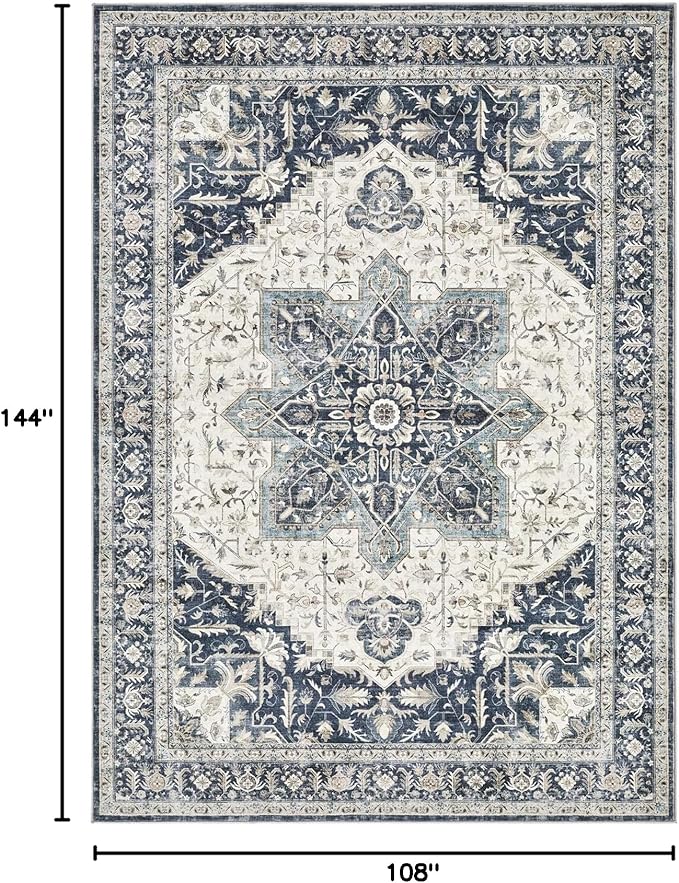 Tortania Area Rug Living Room Rugs - 9x12 Washable Boho Rug Vintage Oriental Distressed Farmhouse Large Thin Indoor Carpet for Living Room Bedroom Under Dining Table Home Office - Indigo