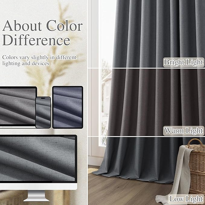 Guken 100% Blackout Curtains 90 Inch Length 2 Panels Set for Living Room Bedroom Back Tab Thermal Insulated Black Out Linen Drapes Room Darkening Blazer Grey,52x90