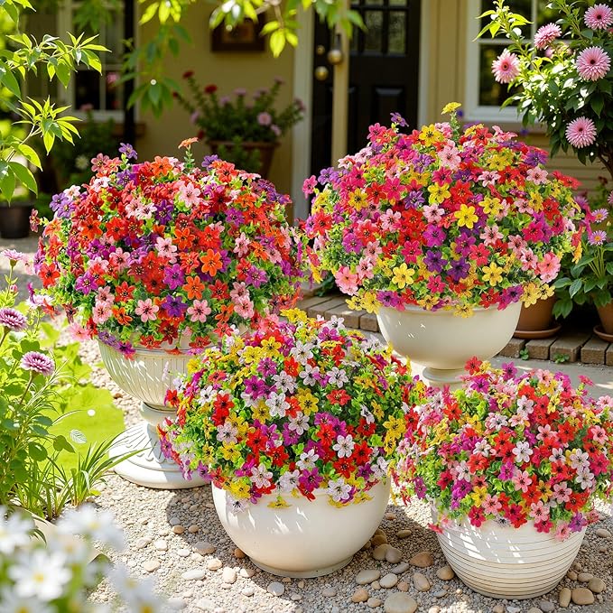 SHareconn 24 Bundles Artificial Flowers for Outdoor Spring Decorations, Realistic Fake Silk Plants UV-Resistant for Outdoor Planters,RedBrownPurpleDeepPurpleOrangePink