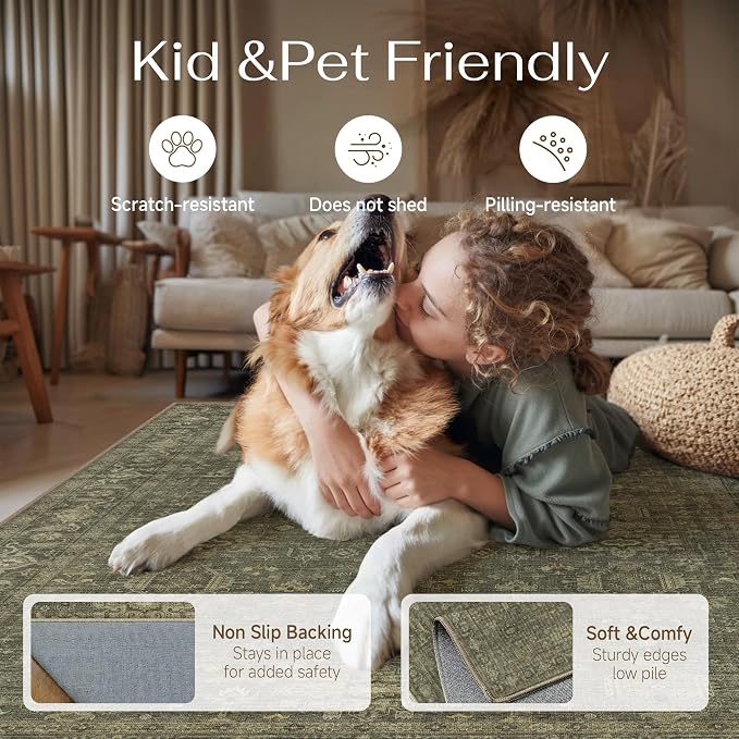 8x10 Easy Jute Area Rug for Living Room Bedroom Vintage Brown Washable Non Slip Carpet Traditional Retro Large Throw Rug for Dining Room Patio Porch Backyard Courtyard