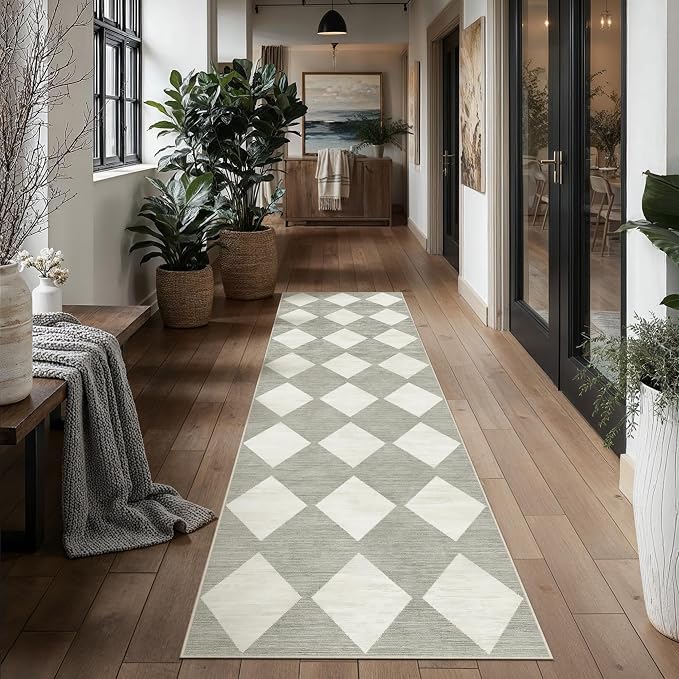 PureCozy 3x8 Runner Checkered Rug for Hallways Grey Washable Long Carpet Non-Slip Low Pile Boho Indoor Accent Throw Rug for Entrance Kitchen Bedroom Dining Laundry