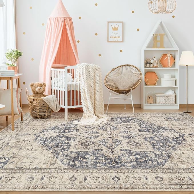 Tortania Area Rug Living Room Rugs - 5x7 Washable Boho Rug Vintage Oriental Distressed Farmhouse Large Thin Indoor Carpet for Living Room Bedroom Under Dining Table Home Office - Cream Blue
