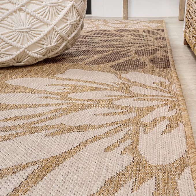 JONATHAN Y Floral Textured Weave Indoor Outdoor Square Area Rug 3X3 Brown/Cream, Zinnia Modern for Backyard, Patio, Porch, Easy-Cleaning, High Traffic, Pet-Friendly, Non-Shedding (SMB110I-3SQ)