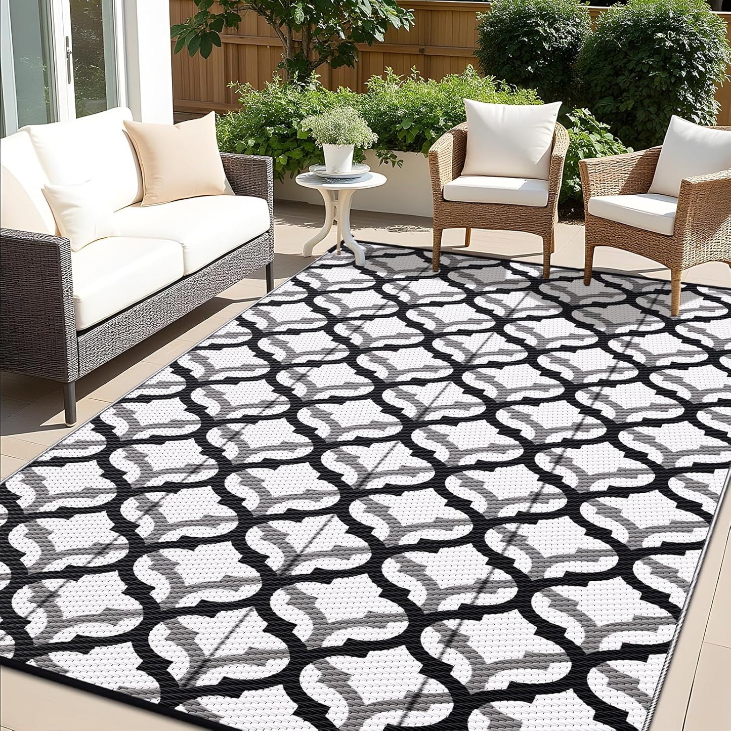 OLANLY Reversible Outdoor Rug 6x9 ft Clearance, Waterproof Outdoor Plastic Straw Rug with Interlacing Pattern, RV Mat for Patio, Camping, Balcony, Deck, Backyard, Black & White