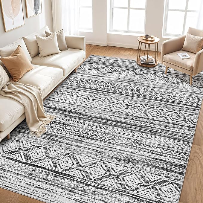 cotiled 10x12 Area Rug Living Room: Washable Boho Rugs with Non Slip Backing Large Soft Indoor Stain Resistant Carpet for Bedroom Farmhouse Dining Room Lightweight Home Decor White/Black