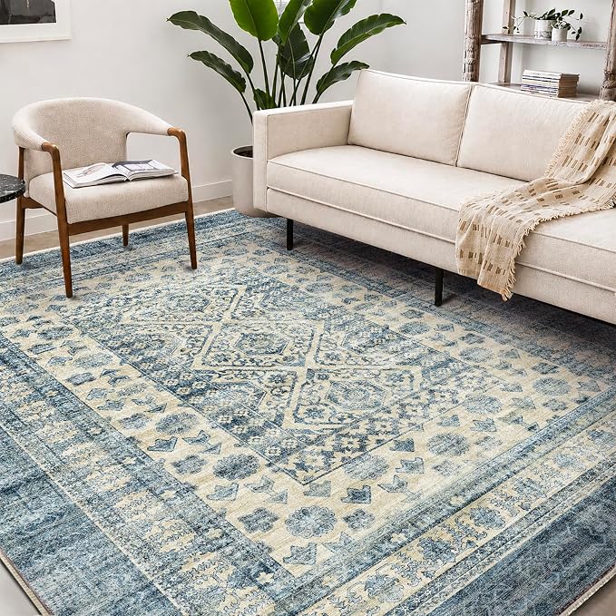 CHAMPLANT Washable Area Rug 9'x12' Retro Boho Design Non-Shedding Easy Care Ideal for High Traffic Areas in Living Room Bedroom Office Coffee Table Kitchen Large Carpet