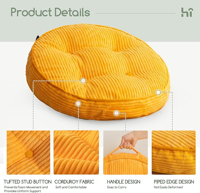 HIGOGOGO Floor Pillow Cushion for Adults, Meditation Cushion Pillow, Large Round Floor Sitting, Tufted Corduroy Cover, for Tatami Living Room or Yoga, 22x22 Inch, 2Pack, Orange