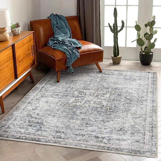 CHAMPLANT Area Rug 5'x7' Washable Rug Vintage Traditional Floor Cover Thin Retro Kitchen Indoor Distressed Non Slip Carpet for Living Room Bedroom Dining Room