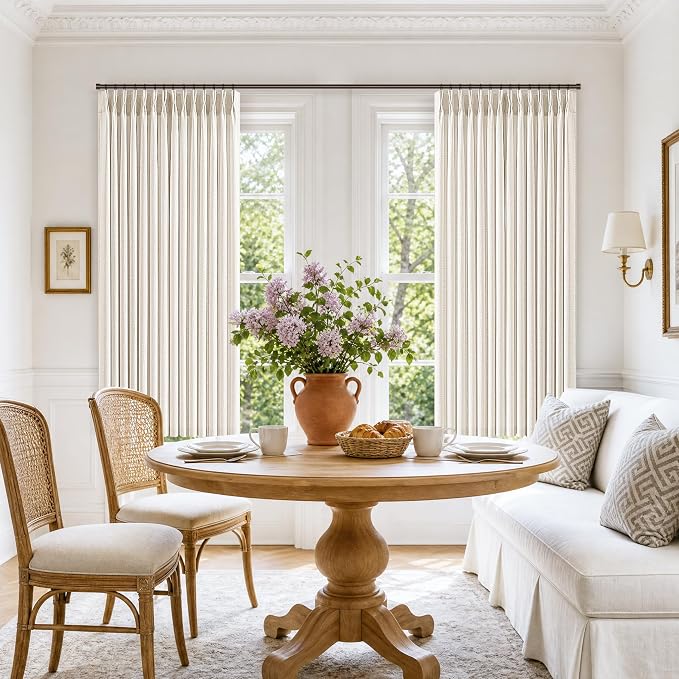 Natural Linen Pleated Short Curtains 54 Inch 2 Panels Set Light Filtering Semi Sheer Beige White Back Tab Kitchen Pleat Curtains Neural Decorative Small Drapes with Rings for Dining Room 40x54