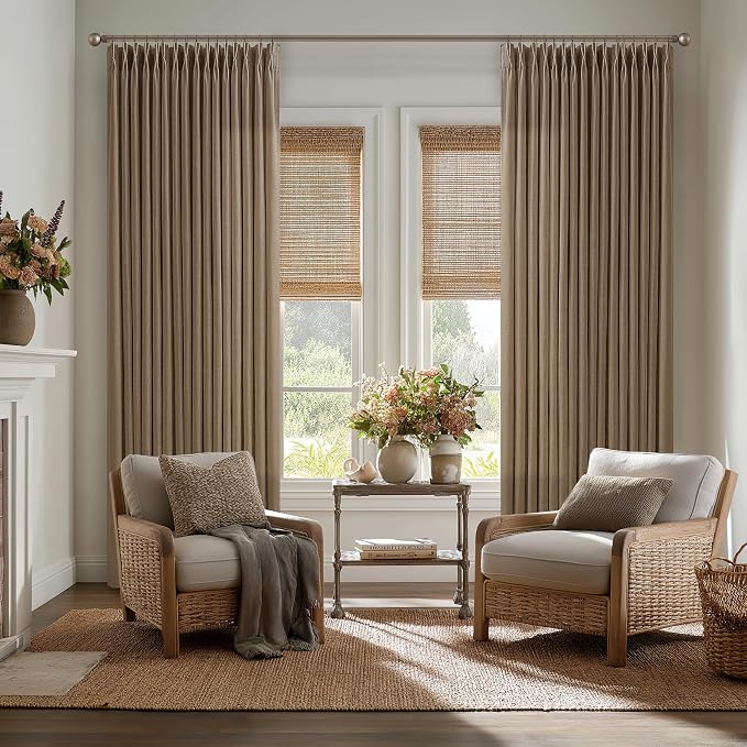 TWODRAPES 100 Inch Pinch Pleated Linen Curtains 2 Panels Set for Living Room Bedroom Dark Brown Farmhouse Boho Linen Blend Back Tab Curtain with Hook Rings 50 Inch Wide Semi Sheer Window Drape