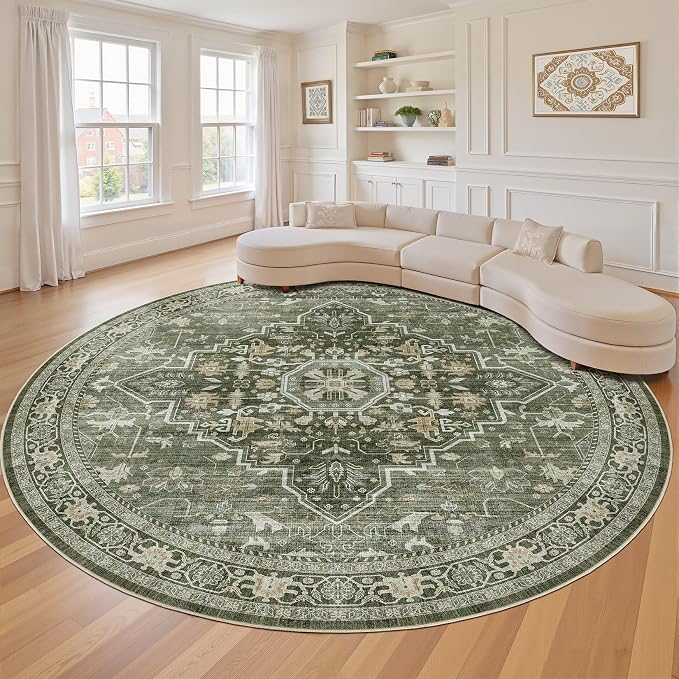 Round Rug Living Room Rugs: 10x10 Washable Boho Neutral Large Circle Soft Indoor Floral Stain Resistant Floor Farmhouse Carpet for Bedroom Nursery Kids Playroom Office Dining Room- Dark Green