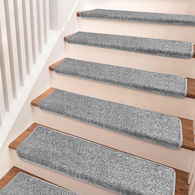 PURE ERA Bullnose Carpet Stair Treads Set Tape Free Non-Slip Indoor Stair Protectors Pet Friendly Rugs Covers Soft Skid Resistant Washable Reusable 9.5" x 30"(2 Pieces,Gray)