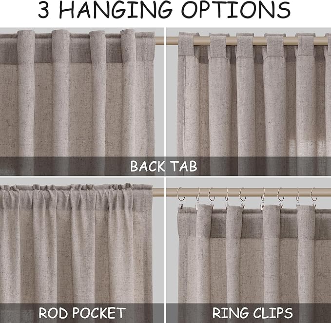 Extra Long Brownish Grey Curtain 108 Inches Long 2 Panels Set Back Tab Linen Drapes for Living Room Neutral Farmhouse Light Filtering Semi Sheer Linen Curtains 108 Inch Length for Large Window 9 FT