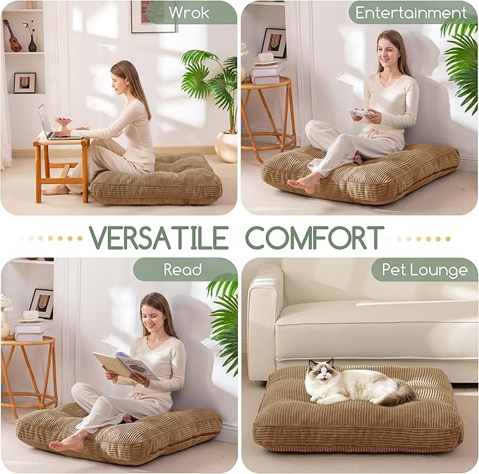 HIGOGOGO 35" Floor Pillow Cushion for Adults, Meditation Cushion Pillow, Extra Large Square Floor Sitting, Tufted Corduroy Cover for Tatami Living Room or Yoga, Coffee