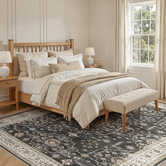 Area Rug for Living Room - 8x10 Soft Washable Oriental Vintage Floral Distressed Large Carpet - Fade Stain Resistant Non Slip Rugs for Bedroom Dining Room Nursery Dorm Office Home Decor - Black