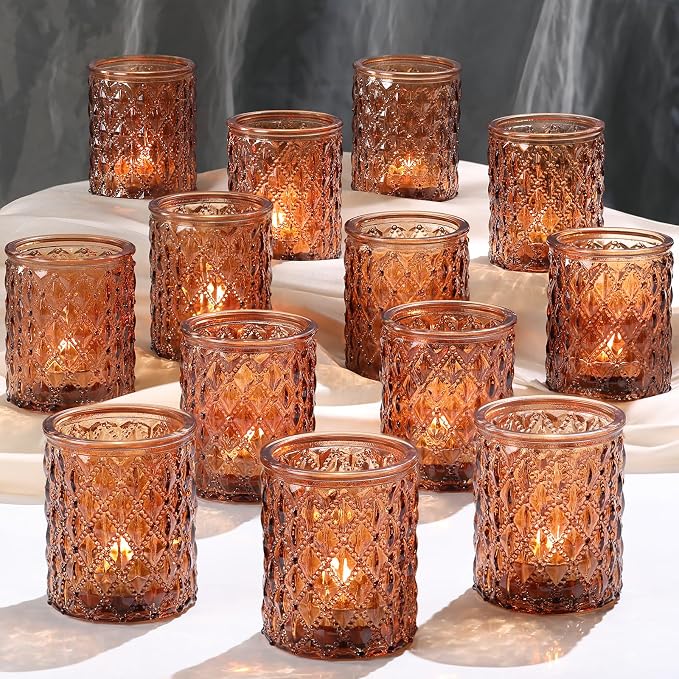 36 Pack Amber Votive Candle Holders, Glass Tea Lights Candle Holder for Boho Wedding Decor,Amber Candle Holders for Home Decor Gift Fall Wedding Christmas, Thanksgiving Party Table