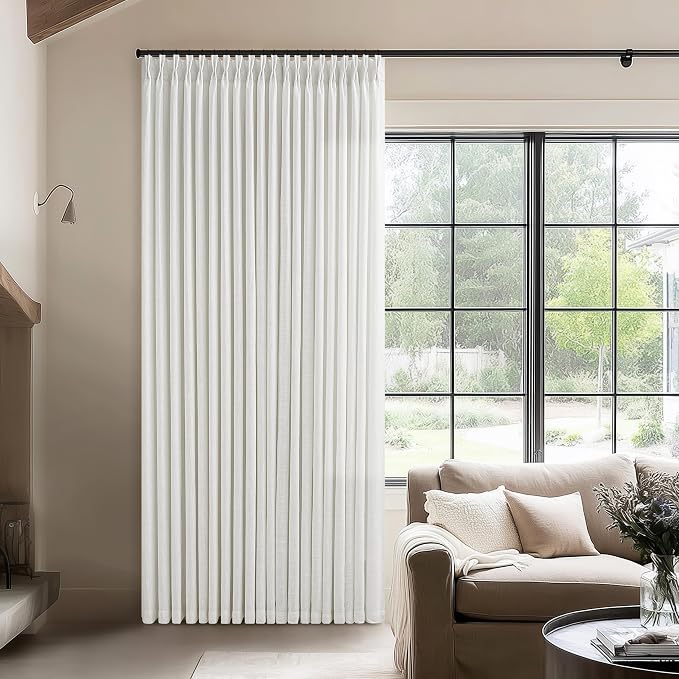 Extra Wide Pinch Pleat Linen Curtains 120 Inches Long for Living Room Sliding Glass Door 70 Inch Wide Curtain Non See Through Ivory Boho Pleated Drape Hooks Rings 70x120 Large Window Curtain 1 Panel