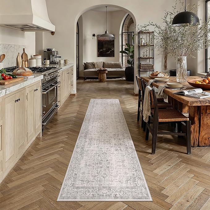 PureCozy Gray Runner Rug 2x8 Hallway Machine Washable Kitchen Vintage Distressed Non Slip Long Carpet Indoor Grey Retro Floral Bedroom Accent Throw Rug for Bathroom Office Laundry Dining Living Room