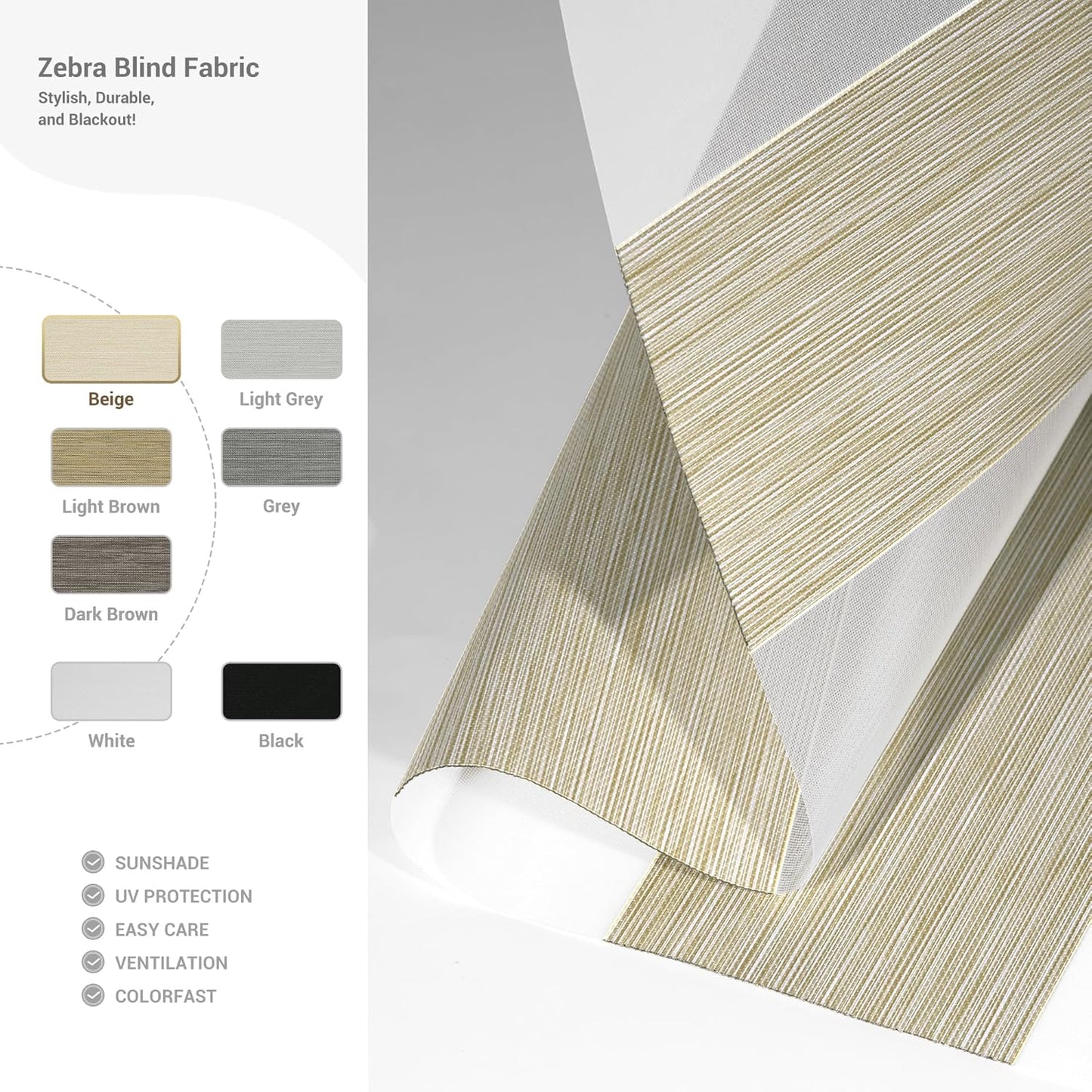 Cordless Zebra Blinds for Windows, Blackout Interior Blinds,Easy to Install,UV Protection,for Offices and Home,Custom Roller Shades, Mousse Beige,68" W x 56" H