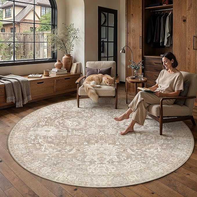 HUGEAR 5x5 Round Rugs Beige Washable Rug for Living Room Bedroom Large Neutral Vintage Rug Carpet Distressed Soft Durable Non Slip No Shedding for Indoor Dining Nursery Farmhouse