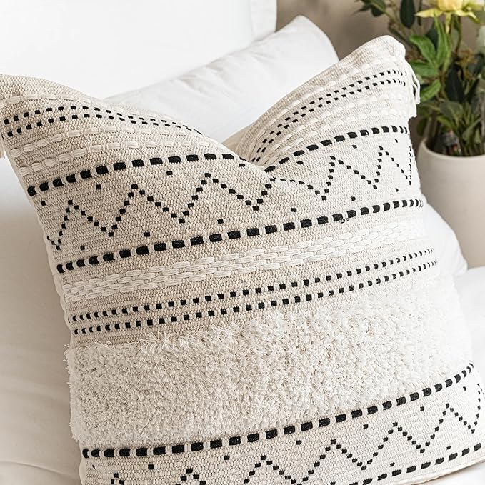 BlissBlush 20X20 Throw Pillow Cover, Cream Neutral Square Decorative Cushion Cover with Black Pattern, Boho Accent Pillowcase with Tufted Details and Tassels for Couch Sofa Living Room (Cover Only)