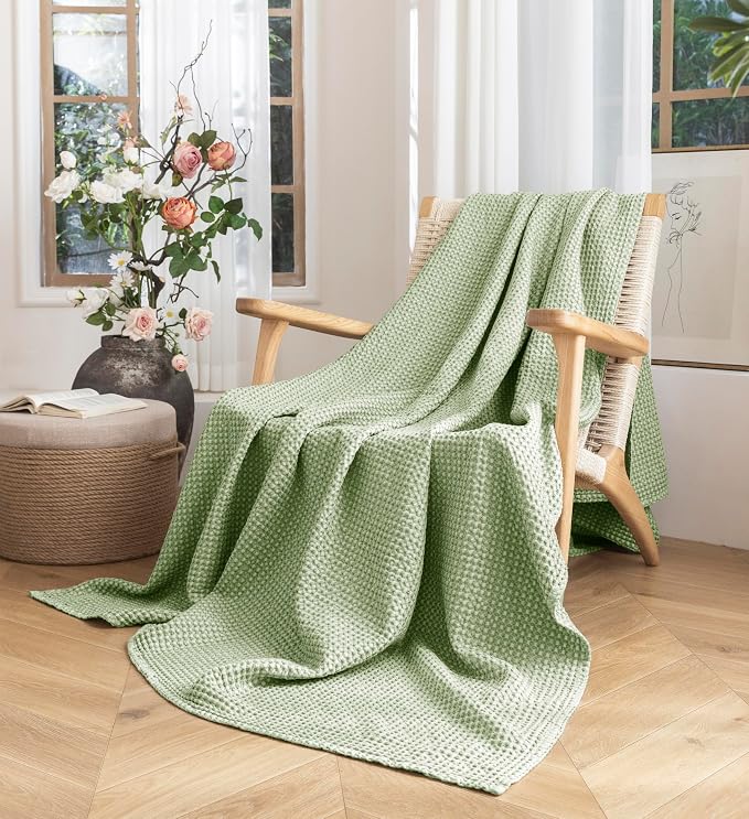 Talasily 100% Cotton Blanket Throw Size for Bed - Spring and Summer Cooling Lightweight & Breathable Bedding -Soft Waffle Weave Christmas Blanket, Machine Washable,Sage Green,50x60 Inches