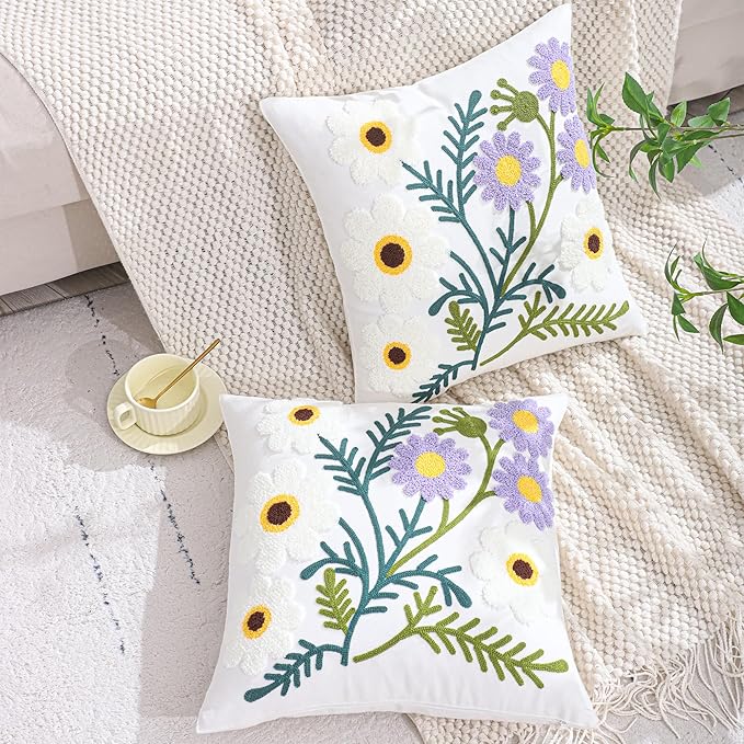 Spring Floral Pillow Covers 18x18 Inch Set of 2 Cotton Embroidery Farmhouse Throw Pillow Cover Outdoor Garden Cushion Case Summer Decorations for Home (Purple and White Flower,18"x18")