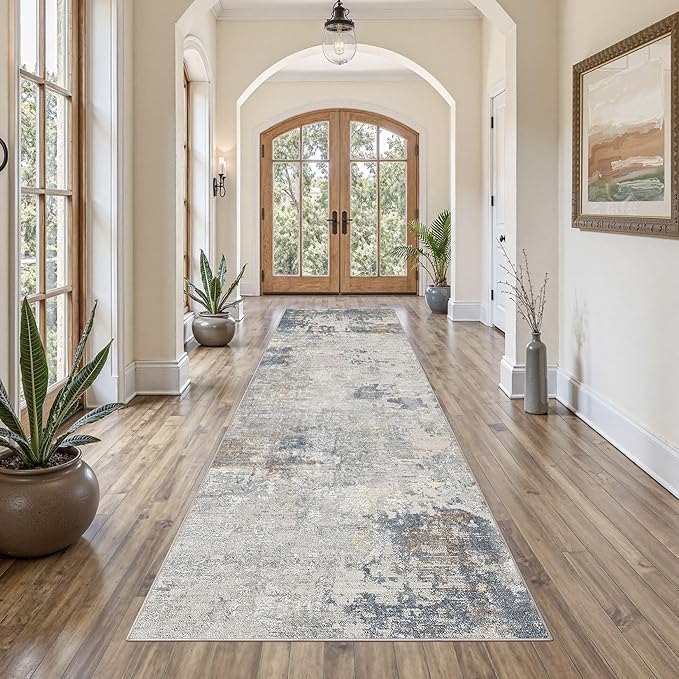 UERMEI 3X10 Washable Runner Rug for Hallway: Soft Neutral Modern Abstract Area Rug - Non-Slip Low Pile Long Throw Indoor Carpet for Kitchen Entryway Kitchen Bedroom Laundry - Blue Grey