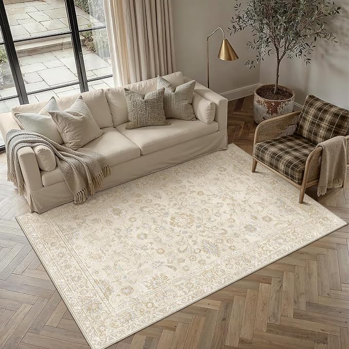 3x4 Beige Washable Area Rug for Living Room Bedroom Neutral Soft Floral Non Slip Thin Throw Rug Lightweight Vintage Low Pile Distressed Carpet Office Playroom Dinning Laundry Room Nursery