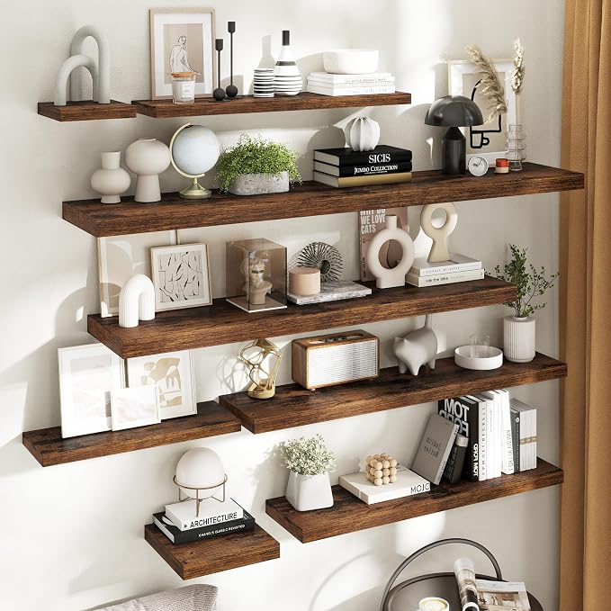 40 Inch Floating Shelves for Wall with Invisible Brackets Set of 2, 9"D Engineered Wood Wall Shelves with Wood Grain for Living Room, Bedroom, Bathroom, Kitchen Decor and Storage, Rustic Brown