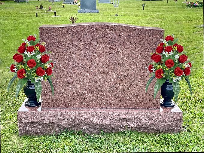 DONODA 2 Sets of Artificial Cemetery Flowers， Outdoor Grave Decorations Roses，Accompanied by 2 Long Nail Vases，Lasting and Non-Bleed Colors. (18 Heads (red))