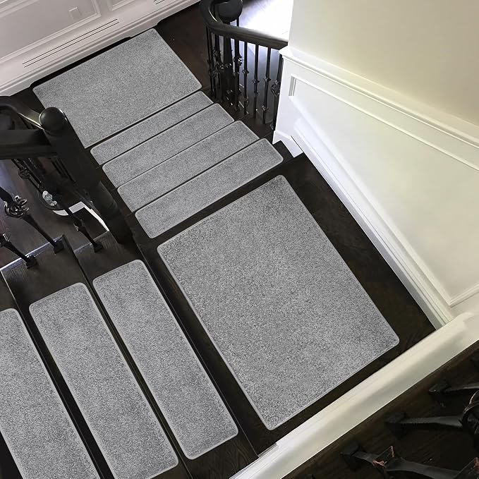 PURE ERA Carpet Stair Treads Tape Free Non Slip Indoor Stair Carpet Stair Protectors Pet-Friendly Non-Slip Skid Resistant Washable Reusable 8" x 30"(7 Pieces,Gray)